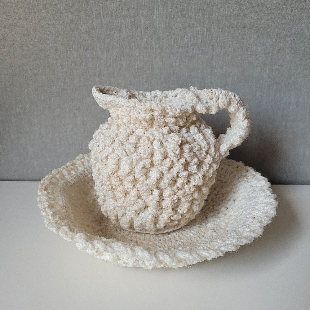 Handmade Crochet Pitcher & Basin Set Cream White Textured Cottagecore Farmhouse